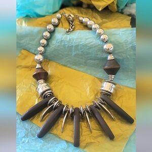 90s Wood and Silver Beaded Spiked Statement Necklace